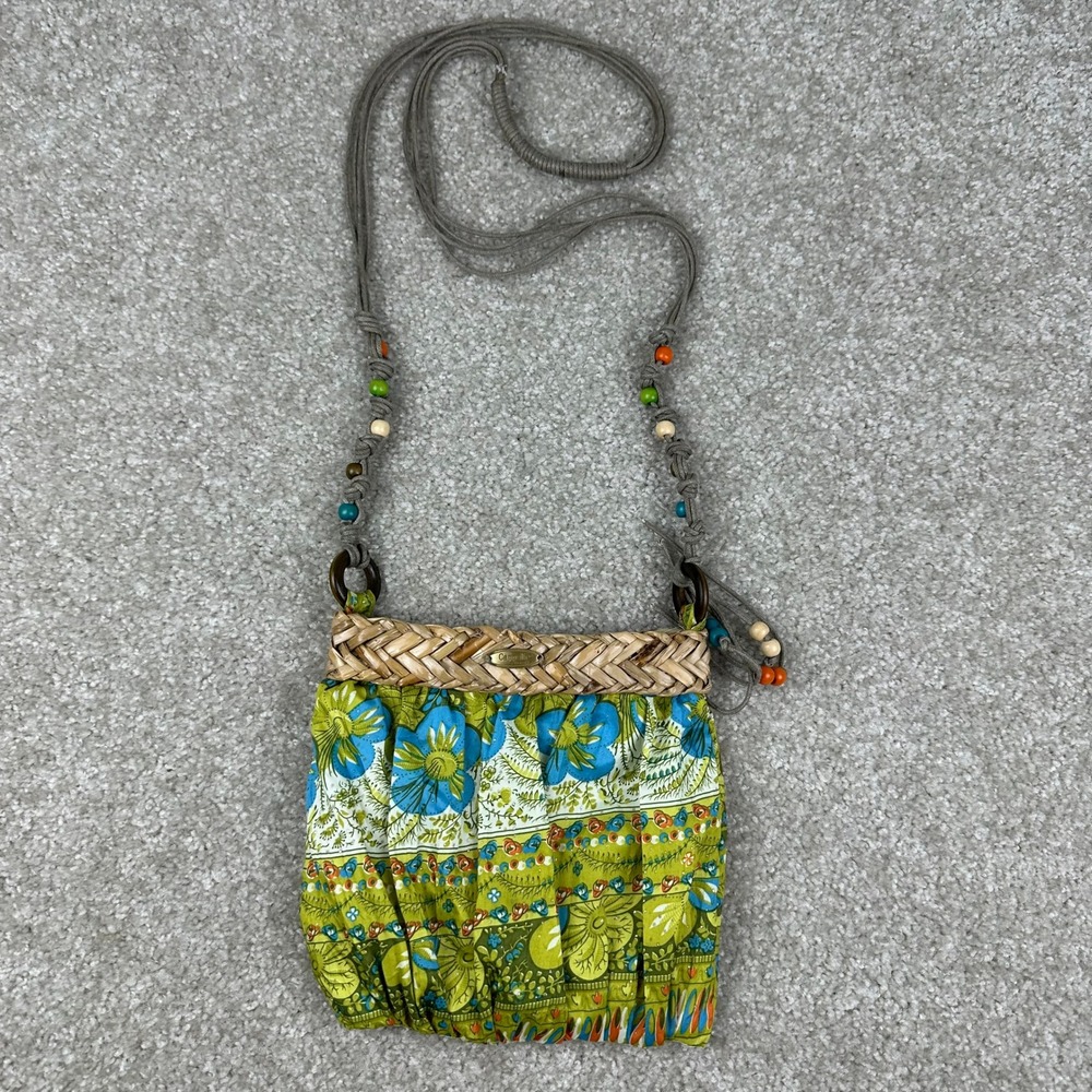 Cappelli Strawworld Boho Floral Beaded Crossbody Bag Green Blue Straw Festival